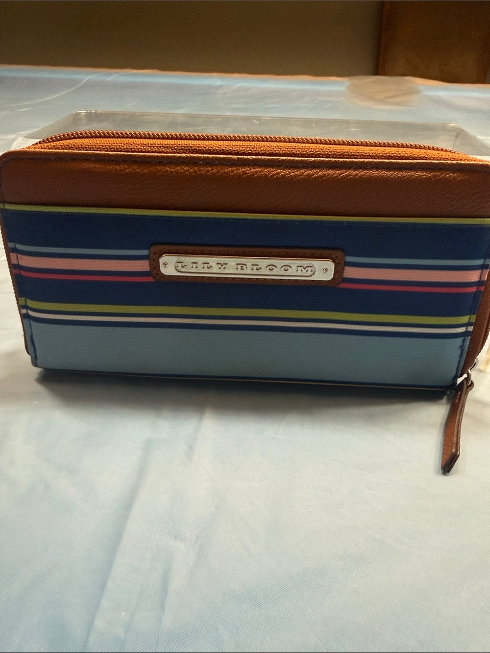 Lily Bloom Navy and Light Blue Striped Zip Wallet with Brown Trim